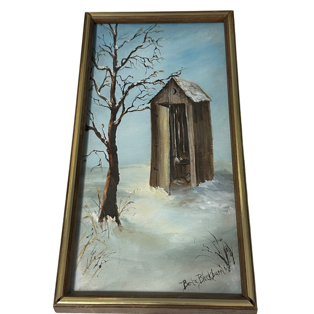 Berta Blackburn hand painted stretched canvas winter 17x 9” VTG framed painting